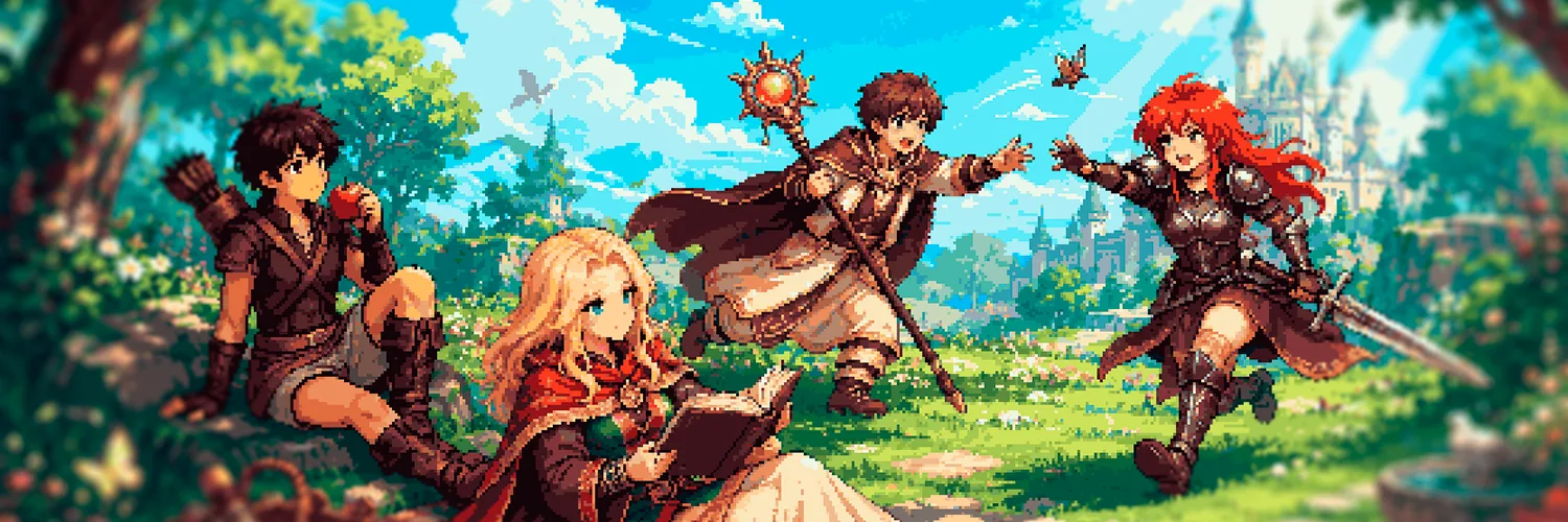 Um grupo de aventureiros descansando num campo diante do castelo